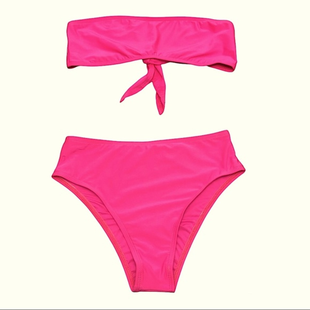 Fashion Nova High Waisted Tie Back Bandeau Bright Pink Bikini Set S